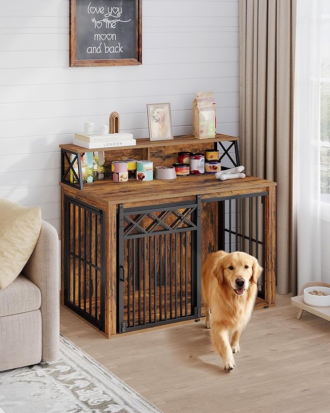 39.4'' Dog Crate Furniture, Large Wooden Dog Crate with Storage and 3 Doors, Indoor Kennel for Medium/Large Dogs, End Table with Barn Door, Chew-Proof and Escape-Proof, Rustic Brown DFC87401B