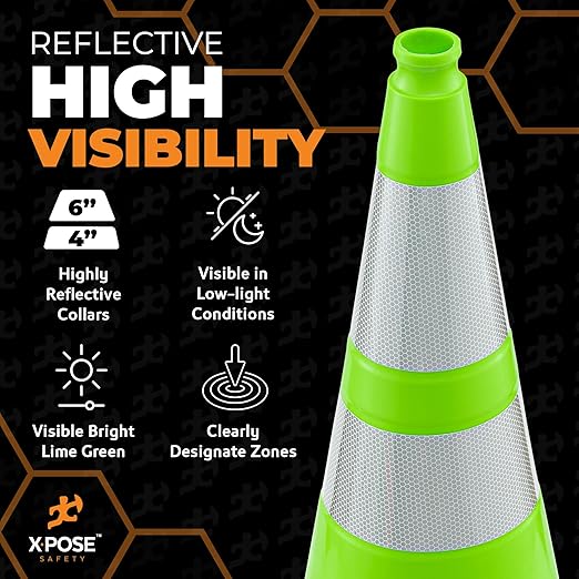 Xpose Safety 28” Lime Green Traffic Cone Dual 6" & 4" Reflective Collar – 24 Pack Multipurpose Premium PVC Safety Cone for Parking, Caution, Construction, Road Crews, Emergency Vehicle - DOT Approved