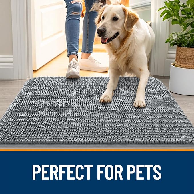 OLANLY Dog Door Mat Set 4-Piece 47x24, Absorbs Moisture and Dirt, Absorbent Non-Slip Washable Doormat, Quick Dry Chenille Mud Mat for Dogs, Entry Indoor Entryway Carpet for Inside Floor, Grey