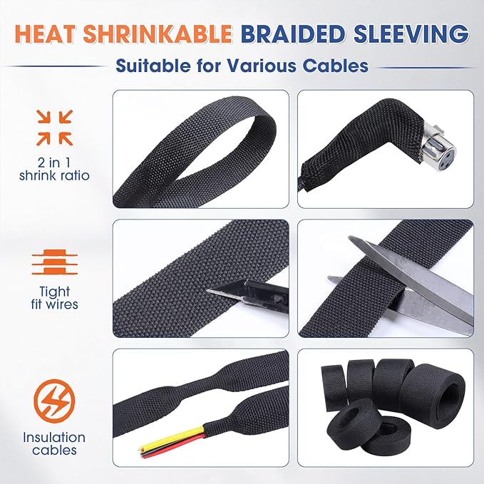 2:1 Heat shrinkable Braided Sleeving Fabric Wire Loom High Temp Heat Shrink Wiring Harness Abrasion Protector Cable Sleeve (1"-48ft)