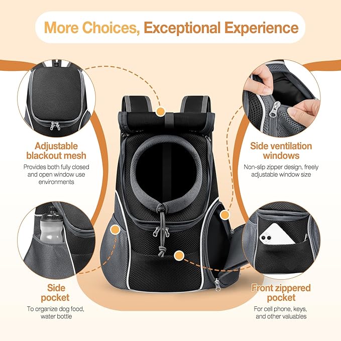 YUDODO Dog Front Carrier Backpack with Sunshade Hood, 2 Head-Out (Front & Side) Breathable Pet Carrier for Small Dogs, Ventilated Lightweight Doggy Backpack for Hiking Outdoor (Upgraded – Black, L)