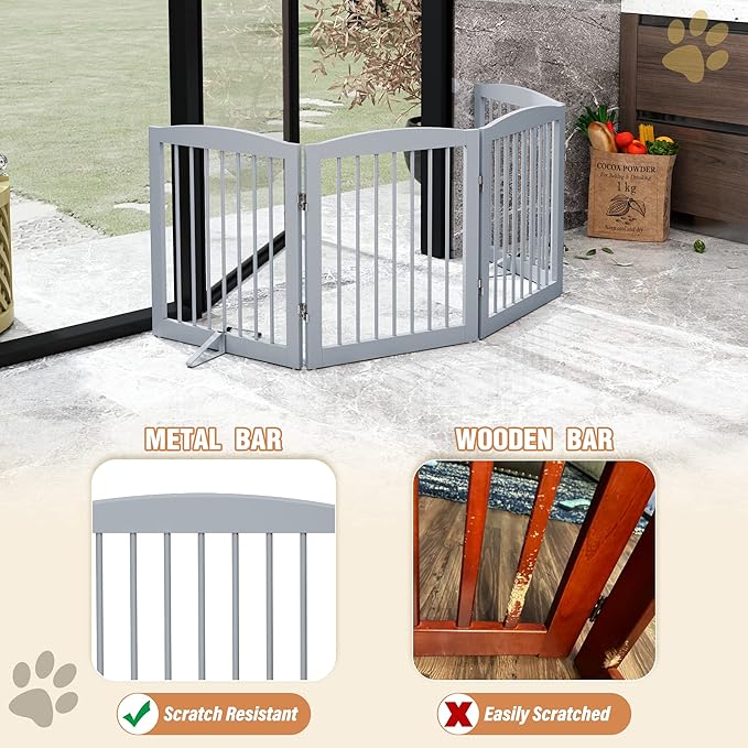 Freestanding Pet Gate for Dogs, Foldable Wooden Dog Gate for House, Indoor Dog Gate for Stair, Doorway, Gates for Dogs Indoor, 80 Inch Wide, 4 Panels 24", Grey