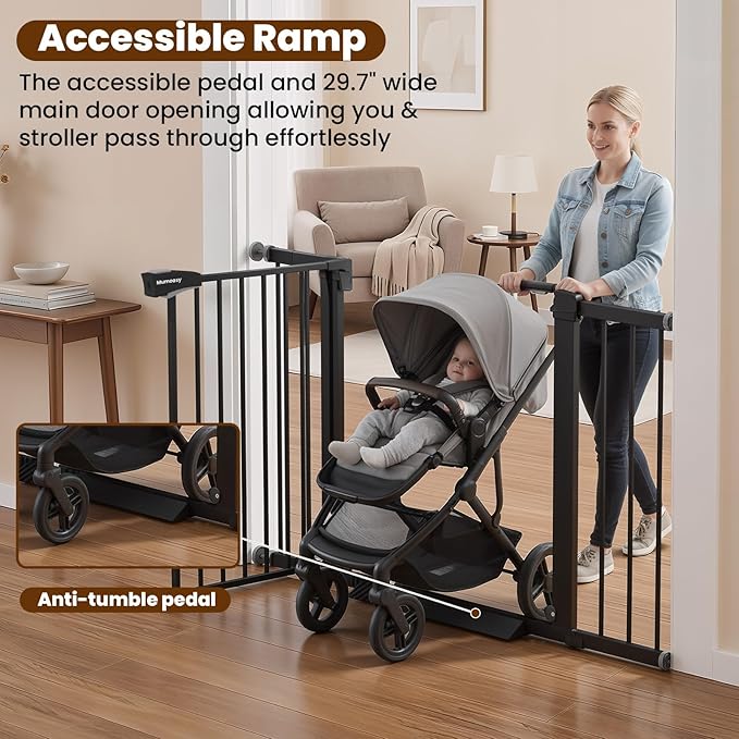 29.7-46" Extra Wide Baby Gate for Stairs, Pressure Mounted Dog Gate Indoor for Doorways, Auto Close Pet Gate with Walk Thru Door, Double Lock Child Safety Gate for Kids and Pet, No-Trip Design