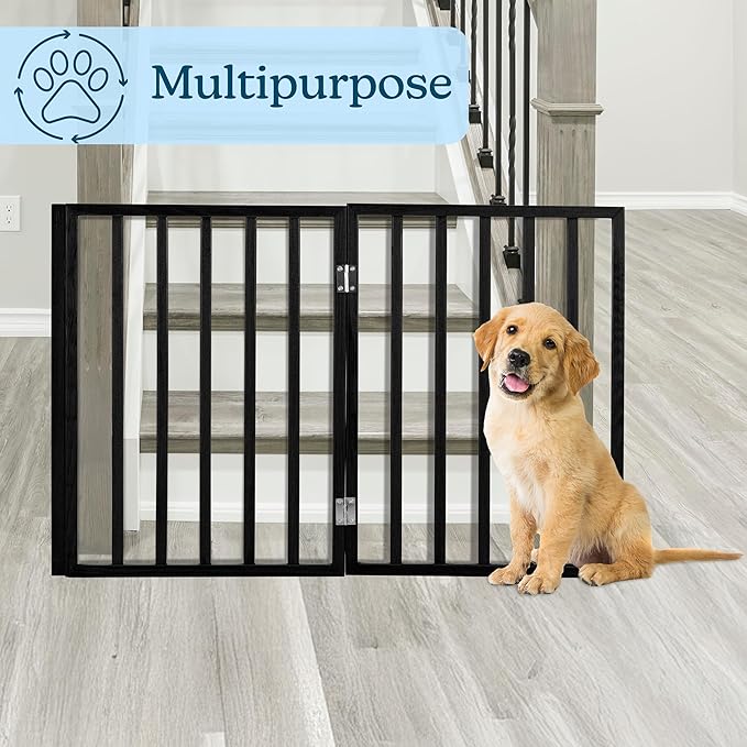 Pet Gate - 3-Panel Indoor Foldable Dog Fence for Stairs, Hallways, or Doorways - 54x24-Inch Wood Freestanding Dog Gates by PETMAKER (Black)