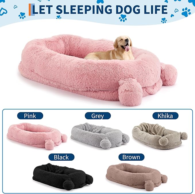 GarveeHome Human Sized Dog Bed, 71" x 45" x 12" Large Dog Bed with 2 Storage Pockets, Fluffy Faux Fur Orthopedic Pet Bean Bed for Adults & Giant Pets - Pink