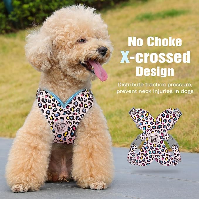 Pawaboo Small Dog Harness and Leash Set, Puppy Harness X-Frame No Pull No Choke, Dog Vest Harnesses Adjustable for Small Medium Sized Dogs,Soft Breathable Pet Harnesses for Walking, S, Pink Leopard