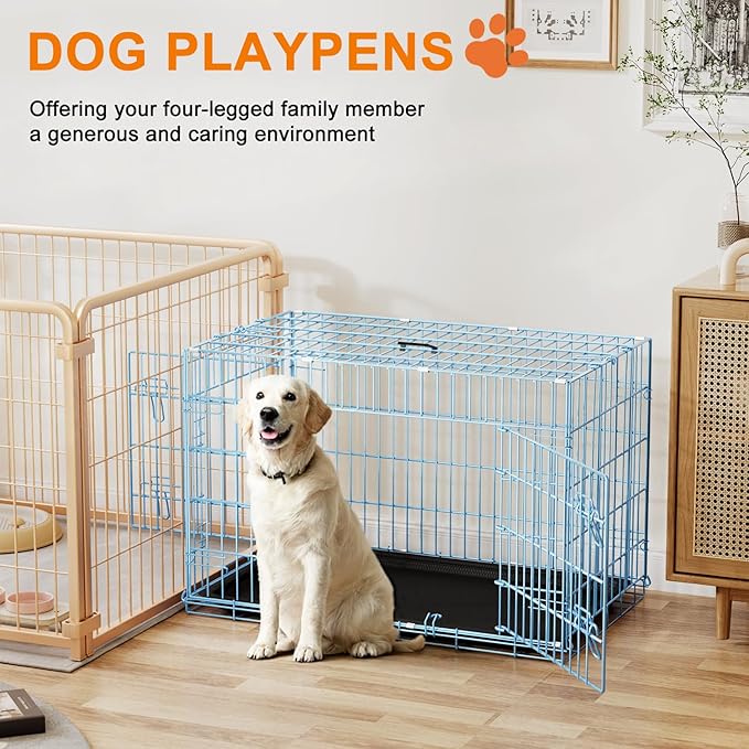 FDW Dog Crate 36inch Dog Cage Foldable Metal Kennel with Leakproof Tray Foldable Design Indoor Outdoor Use for Medium Dogs,Blue
