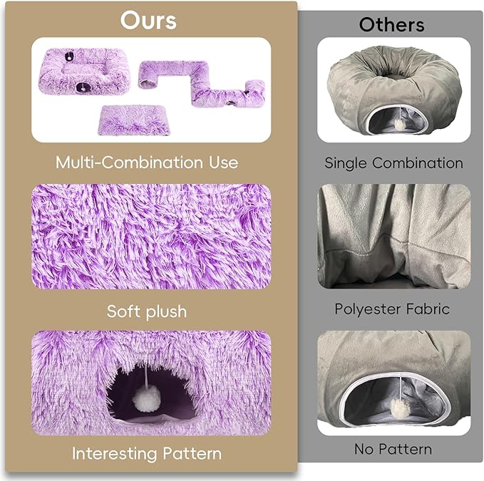 Extra Large Cat Tunnel Bed, 4 Ways Tunnels for Indoor Cats, Multi-cat Family Pet Bed & Cave, Plush Cat Donut with Washable Middle Mat, Exit Balls, Pet Play Toy for Kitten Puppy Rabbit, Purple