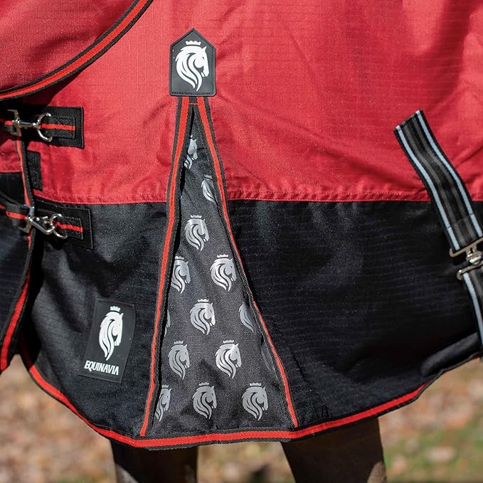 Equinavia Norse Lightweight 100g Fill Horse Rain Blanket | Waterproof Turnout Sheet - Black - 66 in - Equestrian Red - 72 in