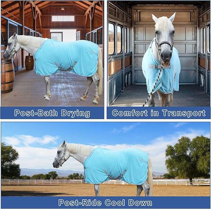 Horse Fleece Cooler, Blanket Liner - 300g Anti-Pilling Fleece, Moisture-Wicking, Cooling & Drying for Post-Workout, Bath & Travel, Prevent Overheating & Chilling Lightblue 81