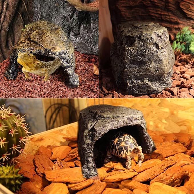 Reptile Rock Hide Cave, Aquarium Habitat Decor Rock Lizard Hideaway Tortoise Hideout for Snakes, Turtles, Amphibians, Fish