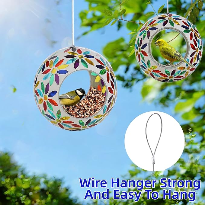VOREEN Mosaic Glass Bird Feeder – 6" Handcrafted Hanging Fly-Through Feeder for Outdoor Garden Décor, Wild Bird Seed Feeder with Multicolor Flower Design – Gift for Mom Wife Friend Nature Lovers