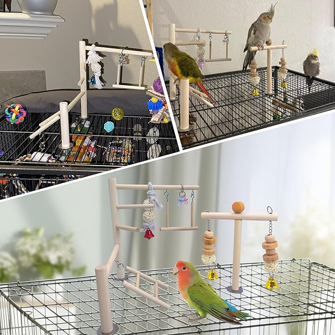 PINVNBY Bird Playground Parrot Play Gym Parakeet Cage Play Stand Wooden Perches Playpen Ladders Conure Chewing Climbing Swing Toy Birdcage Accessories for Small Cockatoo Cockatiel Lovebirds Budgie