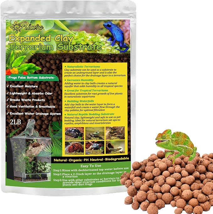 Riare 2LBS Expanded Clay Balls Terrarium Substrate for Reptiles - 100% Organic Lightweight Clay Pebbles Substrate Frogs False Bottom Substrate, Bioactive Terrarium Substrate for Drainage and Moisture