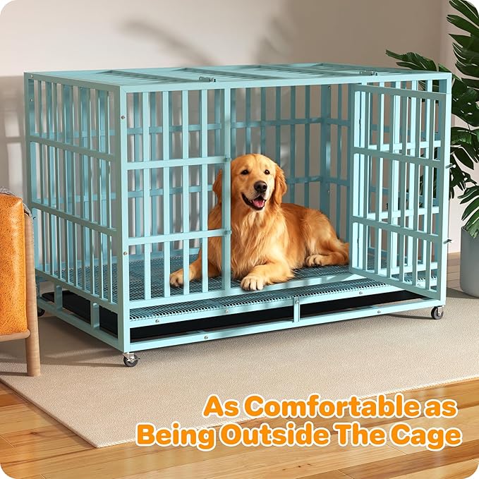 48 Inch Heavy Duty Dog Crate, Indestructible Escape-Proof Dog Kennel for High Anxiety Large Dogs, Strong Metal Pet Cage with Double Doors, Lockable Wheels & Removable Tray, XL XXL XXXL