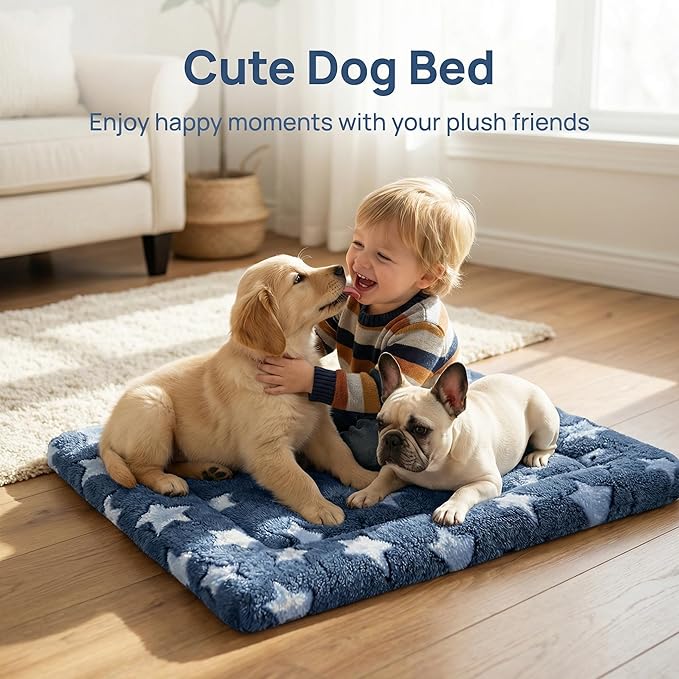 Dog Bed Mat - Reversible Dog Crate Bed Mats, Soft & Breathable Kennel Pad, Durable Crate Bed for Small Dogs & Cats (Navy&Stars, M(30"*20"*1.2"))