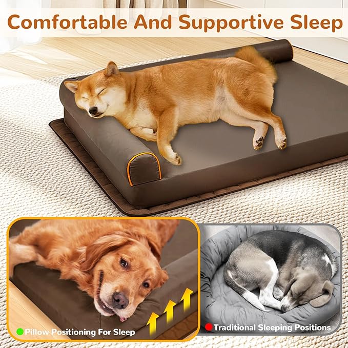Large Dog Bed Waterproof Indestructible Pet Bed, Memory Foam Orthopedic Dog Couch with Anti-Slip Mat Washable (Brown)