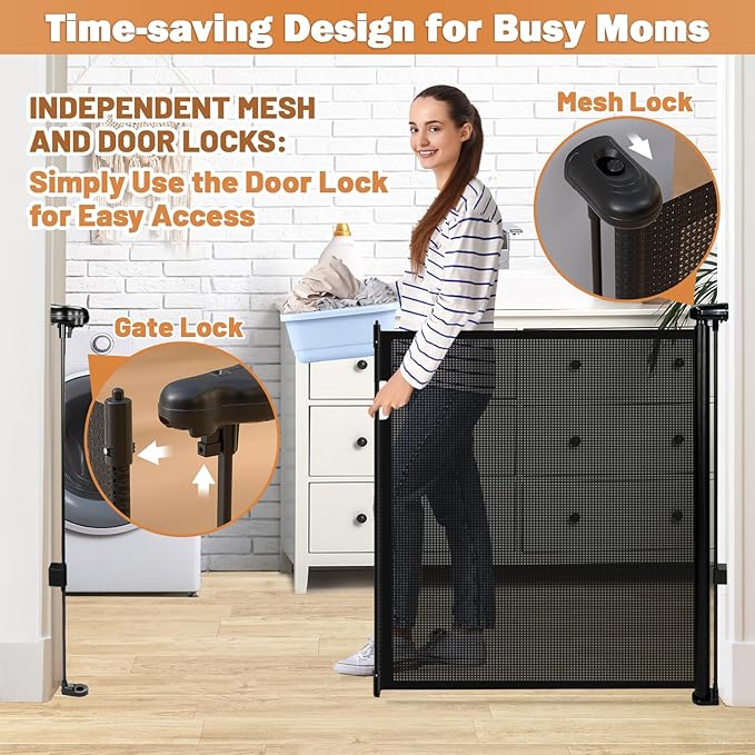120" Extra Wide Retractable Baby Gates Mesh Gate, Long Retractable Dog Gate for Large Opening, 42" Extra Tall Child Safety Gate Pet Gate with Support Rods for Stairs Hallways Doorways Indoor Outdoor