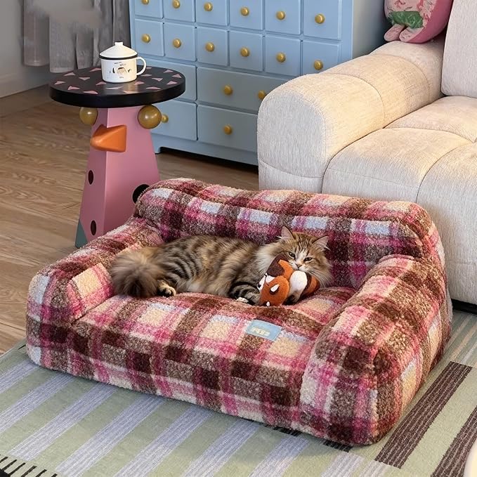ZEZE Vintage Furniture Style Sofa Pet Bed - Washable Plush Dog & Cat Couch, Retro Style Pet Furniture, Soft Cozy Support for Pets (Large, Pink Plus)