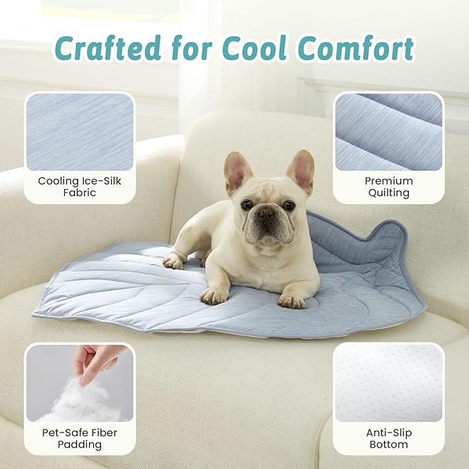 Dog Cooling Mat, Q-Max > 0.4 Leaf Shaped Pet Pad, Liquid Pee Proof Summer Mat for Cats, Washable Sleep Blanket for Bed Couch Floor Indoor, 33x28 inch, Blue