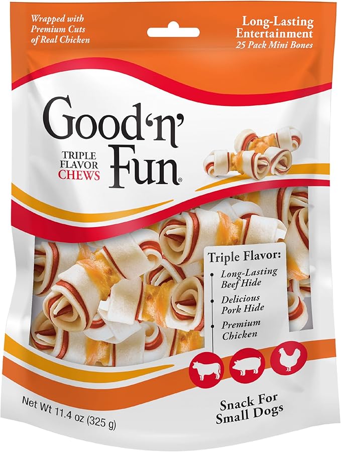 Good'N'Fun Triple Flavor Mini Rawhide Chews, 25-Count