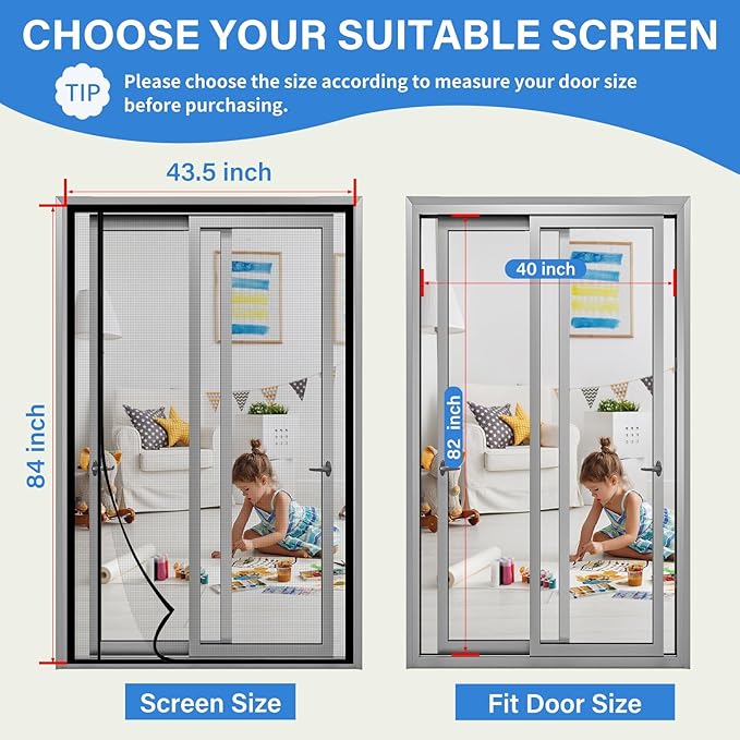 Magnetic Screen Door Left Right Side Opening Upgraded PET Mesh Greater Than Fiberglass and Polyester,Keep Bugs Out,Pet & Kid Friendly,Suitable for Sliding Doors,Screen Size-40" X 82"
