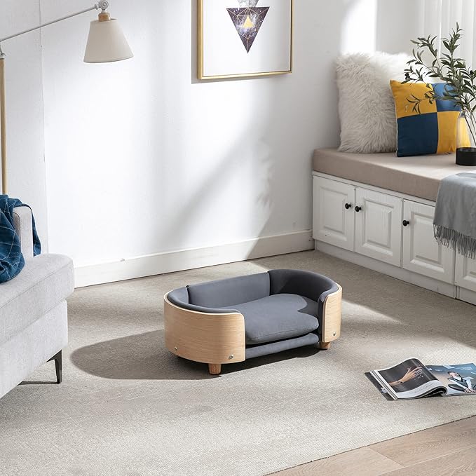 Scandinavian Style Elevated Dog Bed with Solid Wood Frame, Orthopedic Pet Sofa with Removable Washable Cover, Small Size Pet Furniture (Dark Gray)