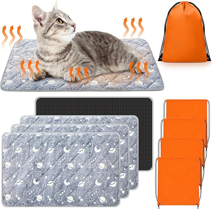 Riakrum 4 Pack Self Warming Cat Mat Heating Cat Bed 24" x 18" Thermal Dog Self Warming Pad Pet Heating Pad Non Slip Bottom Washable with Storage Bag for Indoor Outdoor Kitten Pet (18 x 24 Inches)