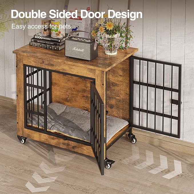 27.1" Dog Crate Furniture with Cushion and Wheels, Wooden Dog Kennel Indoor for Small Dogs, Farmhouse Pet Cage for Anxiety Dog, Rustic Brown (27.1" L x 17.9" W x 24.8" H)