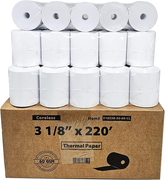 (30 Coreless Rolls - 60 GSM Heavy Thermal) 3 1/8 x 220 Thermal Paper Receipt Rolls fits all Clover POS Cash Register Printers for TSP500 TSP600 TSP 700 TSP2000 CT S300 from BuyRegisterRolls