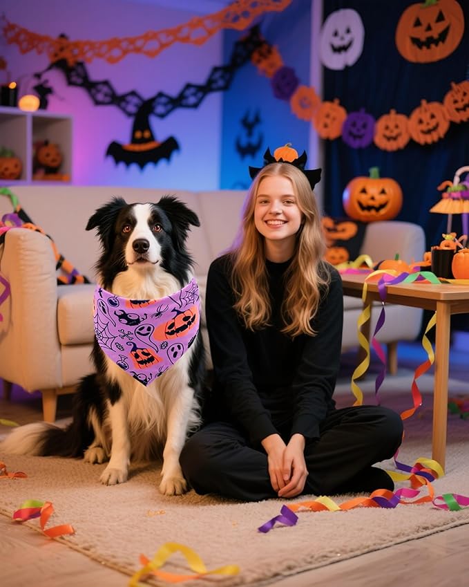 PET SHOW 50 Pack Halloween Big Dog Bandanas Bulk XL Washable Triangle Bibs for Medium Large Dogs Girl Boy Ghost Pumpkin Kerchief Set Pet Scarves Holiday Grooming Accessories