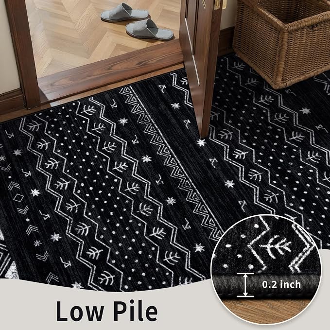 SERISSA 2x5 Kitchen Runner Rug, Washable Non-Slip Black and White Boho Rug