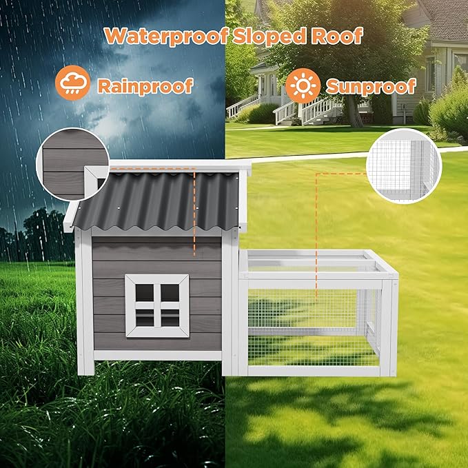 Rabbit Hutch Chicken Coop Outdoor Woden Small Animal Cage with Ventilated Wire Run, Weatherproof for Quail, Bunnies, Guinea Pigs