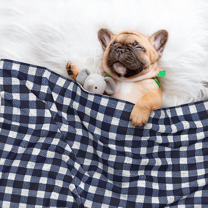 Waterproof Dog Blanket Soft Pet Blanket for Puppy Cat, Fleece Cat Throw Blankets for Furniture Bed Couch Sofa Reversible - Navy Blue Gingham 1