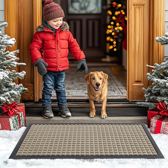 Smiry Front Door Mat Outside Entrance, Heavy Duty Natural Rubber Doormat
