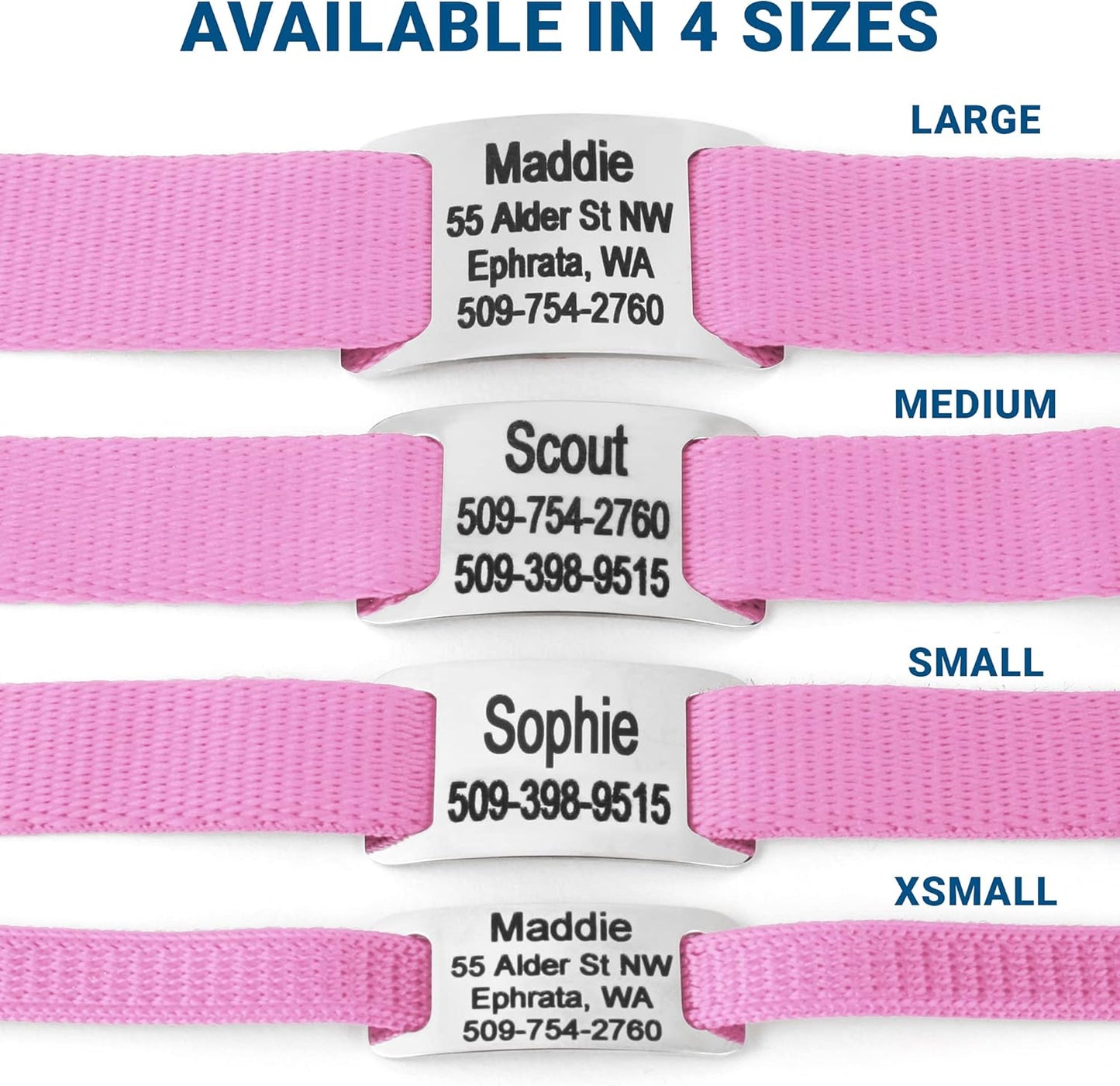 GoTags Personalized Dog Collar with Nameplate, Adjustable Dog Collar with Custom Engraved Slide On Pet ID Tag in Stainless Steel, Silent, No Noise Dog Tag for Large Medium and Small (Pink, Large)