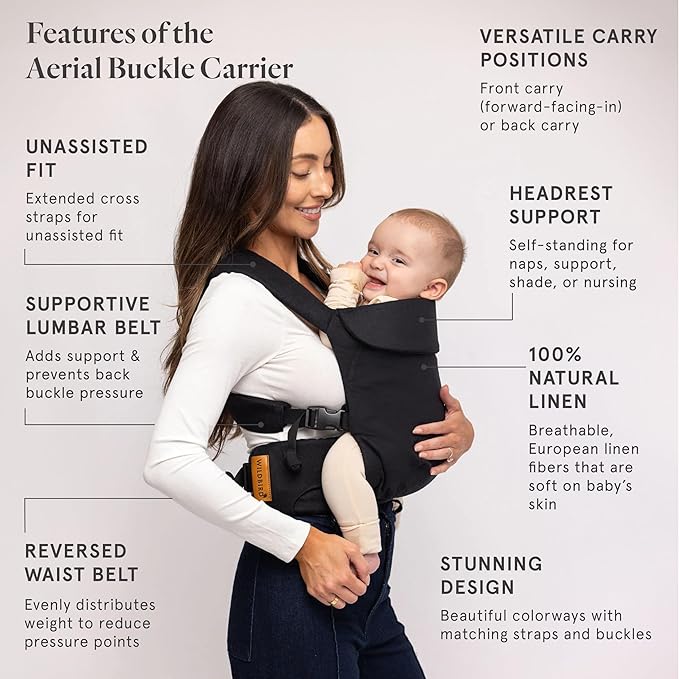 WildBird - Aerial Buckle Carrier - 2-24 Months - Standard (XS-XL) Raven - Front or Back Carry - Cross Straps, Lumbar Support, Headrest - Hip Healthy - Baby Carrier - Baby Essentials - New Mom Gifts