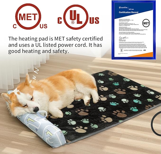 Pet Heating Pad 20x16 in with Smart Thermostat Switch and Power Line Protection Tube,Obtained MET and UL Dual Certification,Waterproof Pet Heating Pad for Dogs with Plush Fabric Cover-Black