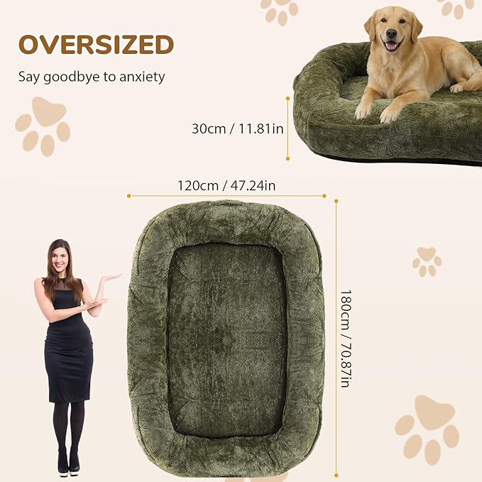 Human Dog Bed, 71 x 47 x 12 in Washable Extra Large Dog Bed for People, Giant DogBed with Storage Pockets, Green