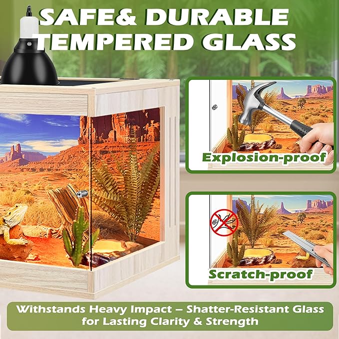 Royxen Bearded Dragon Tank, Tempered Glass Reptile Terrarium with Metal Mesh Top, 3-Side Clear Anti-Scratch Glass Lizard Tank for Reptile Habitat (Oak, 24 Gallons,24" Length)
