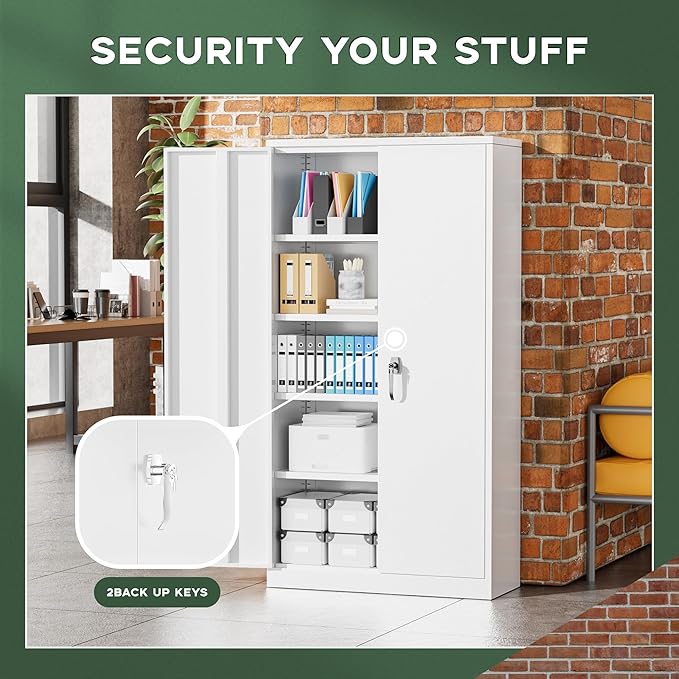 Greenvelly Metal Garage Storage Cabinet with 2 Doors & Adjustable Shelves, 72" Lockable Steel Tool Cabinet - White - (36" W x 18" D)