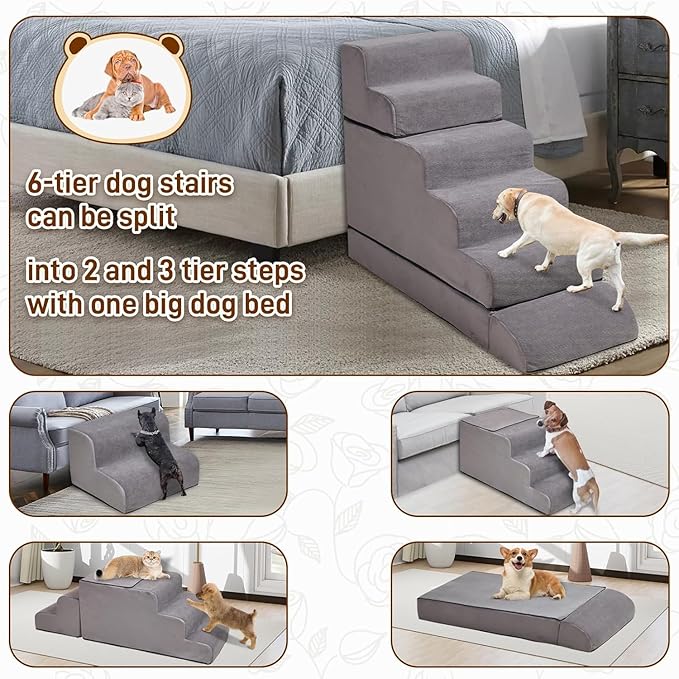 Dog Stairs for High Beds Up to 24-30"，Non-Slip 6 Steps Pet Stairs for Small Medium Dogs & Senior Cat，Washable Cover