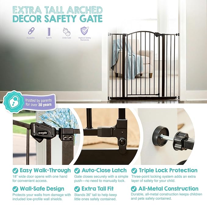 Regalo Safety 36" Extra Tall Home Accent Arch Baby Gate with Door, Pressure Mount for Doorways & Bottom of Stairs, Babies, Toddlers & Pets, Tested & Trusted, American Designed, Family Owned