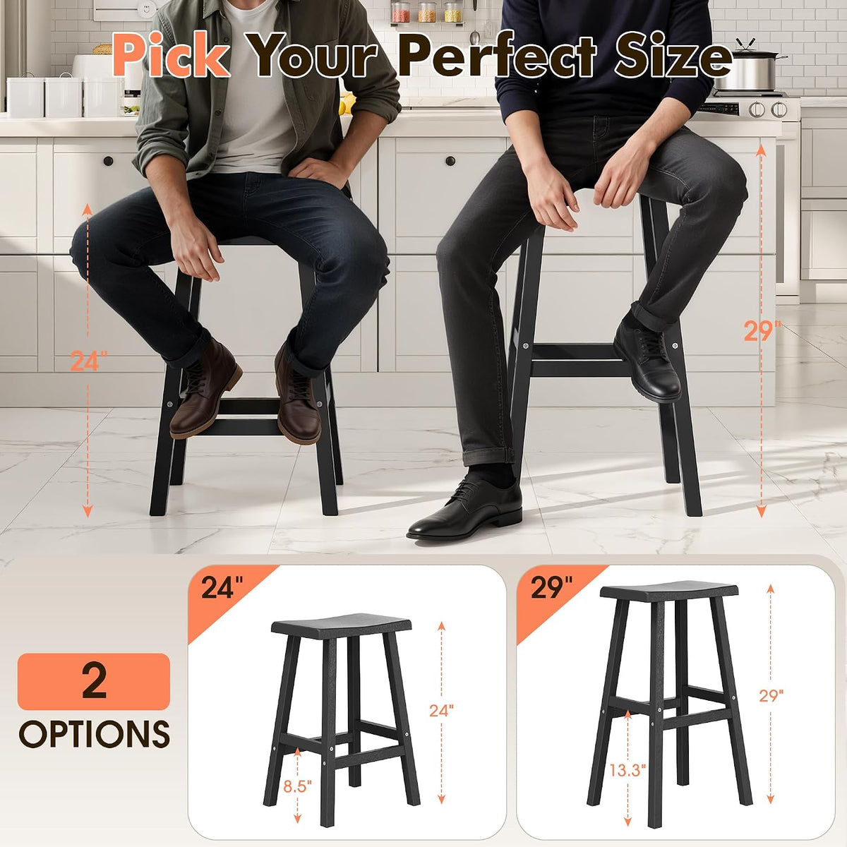 KAMABOKO 4 Set 24" HDPE Bar Stools Set Outdoor, Durable Resin Bar Chairs with Footrest, Weatherproof & Ergonomic Barstools for Patio, Deck & Poolside, Black