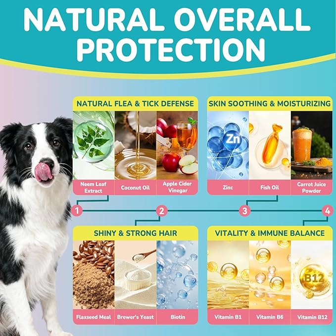 Flea + Coat Glow Soft Chews, Natural Flea and Tick Prevention for Dogs, Dog Flea and Tick Treatment Chewable, Reduces Itch & Shedding with Fish Oil & Neem, Chicken Flavor