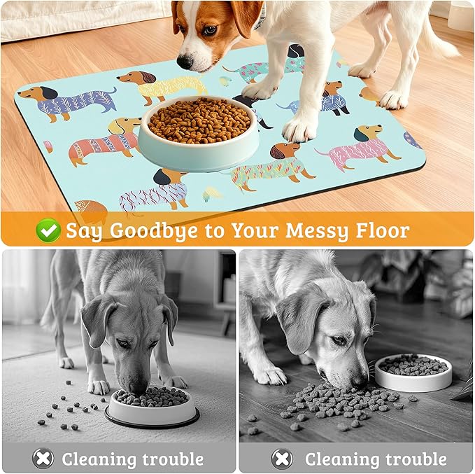 Dachshund Dog Cat Food Mat,Absorbent Waterproof Placemat for Food and Water Non Slip Rubber Backing Durable Feeding Pad for Clean Floors 16" x 24"
