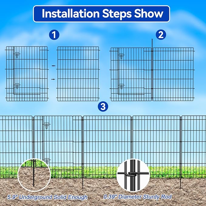 INJOPEXI Decorative Garden Fence 6 Panels 13ft (L)×36in (H) Metal Garden Fences with 5 Panels + 1 Gate, Animal Barrier Rabbit Fence Rustproof Wire Temporary Dog Fencing Outdoor for Yard Lawn Patio