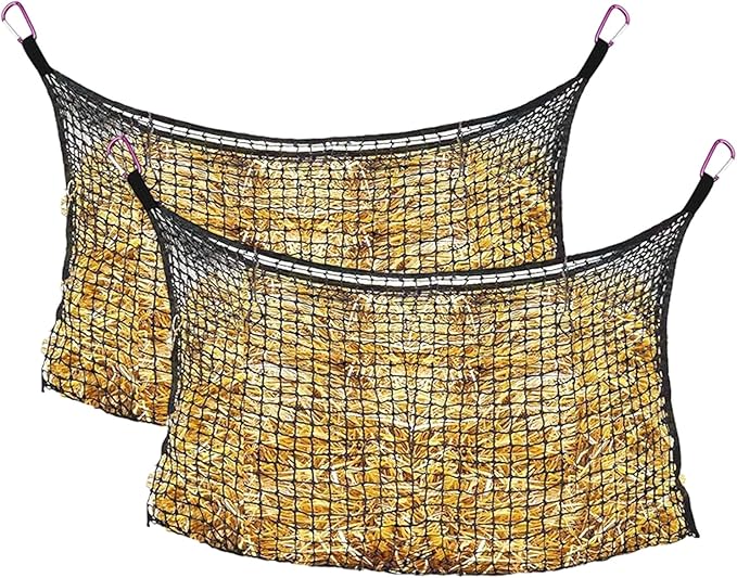Bloomoak Knotless Slow Feed Hay Net with 4 Carabiner Clips for Horses/Open Top Hanging Hay Bag with Large Capacity for Full Day Feeding/Trailer (1.75" Hole for Slow Feed/ 2PCS, L 63 * 40")…