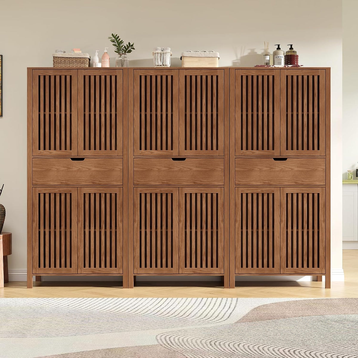 BVIUNTWO Set of 3 Rustic Brown 69" Tall Farmhouse Storage Cabinet with Drawer & Adjustable Shelves, Grille Door Organizer Unit, Anti-Tip Design for Bathroom,Kitchen,Living Room