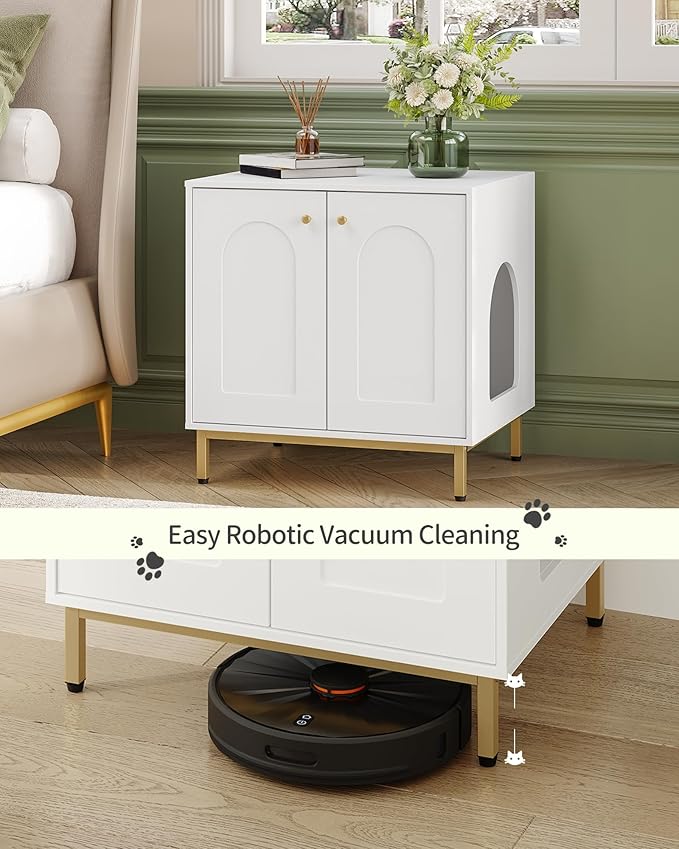 Cat Litter Box Enclosure, Hidden Litter Box Furniture Cabinet, Wooden Indoor Cat House, Side End Table, Living Room, Bedroom, White and Gold CB81203G